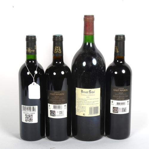 327 - A 1.5 litre bottle of 1991 Versant Royal Bordeaux, and 3 other bottle of red wine (4)