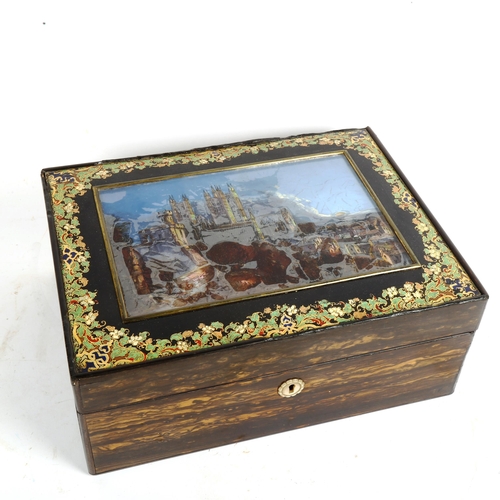 68 - A 19th century Italian coromandel sewing workbox, with hand painted mother-of-pearl Archadian landsc... 