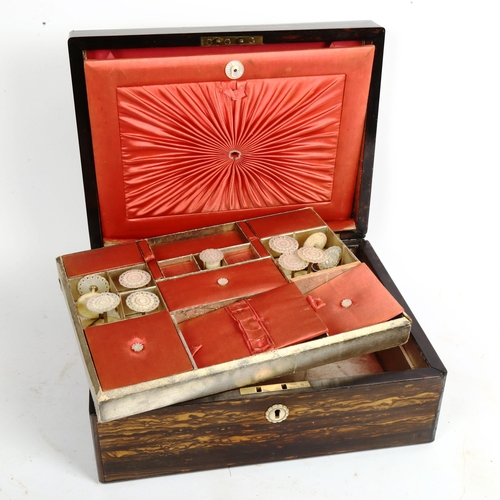 68 - A 19th century Italian coromandel sewing workbox, with hand painted mother-of-pearl Archadian landsc... 