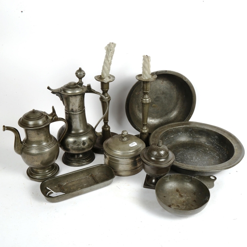 71 - A group of Antique pewter, including Elmslie & Simpson tray, flagon, candlesticks etc