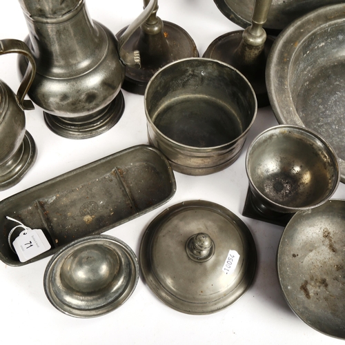 71 - A group of Antique pewter, including Elmslie & Simpson tray, flagon, candlesticks etc