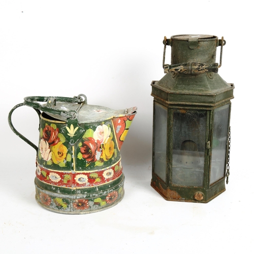 74 - A Barge Ware painted aluminium garden watering can, and a large coaching oil lantern, height 40cm (2... 