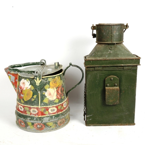 74 - A Barge Ware painted aluminium garden watering can, and a large coaching oil lantern, height 40cm (2... 