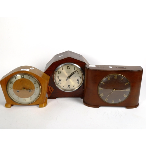 338 - 3 Vintage mantel clocks, including Bravingtons Art Deco, height 23cm (3)