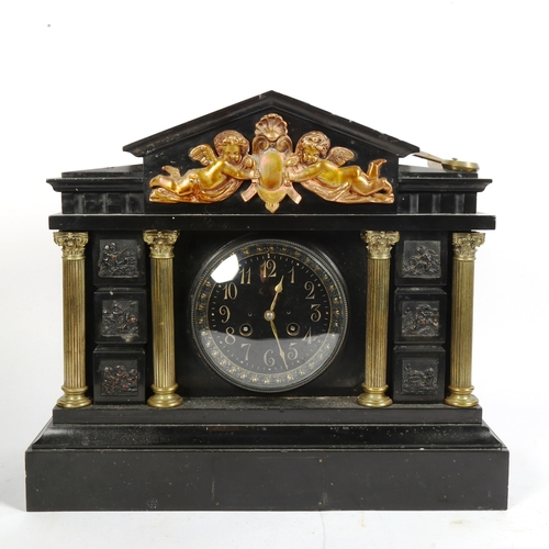 344 - A large early 20th century black slate-cased architectural 8-day mantel clock, height 36cm, width 41... 