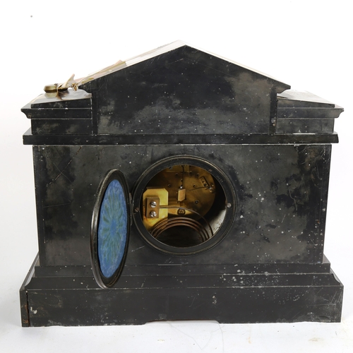 344 - A large early 20th century black slate-cased architectural 8-day mantel clock, height 36cm, width 41... 