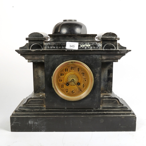 345 - A large early 20th century black slate and marble-cased 8-day architectural mantel clock, height 37c... 