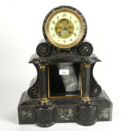 346 - A large early 20th century black slate and marble architectural 8-day mantel clock, with drum moveme... 