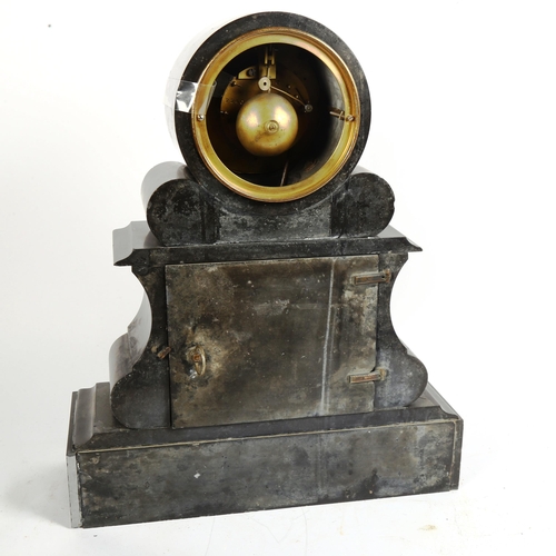 346 - A large early 20th century black slate and marble architectural 8-day mantel clock, with drum moveme... 