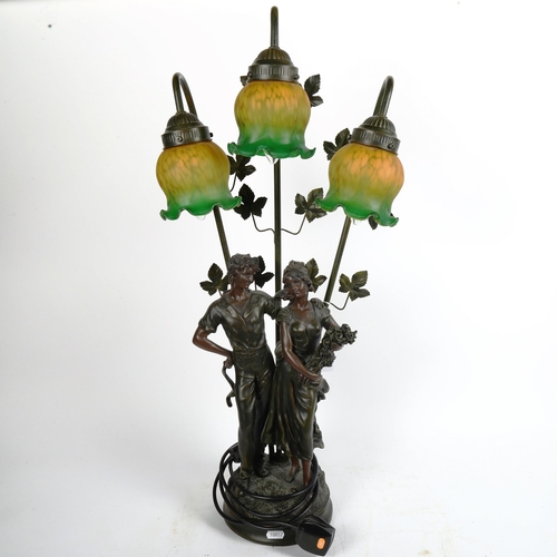 353 - A large Art Nouveau style patinated resin figural table lamp, with mottled ombre frilled glass shade... 