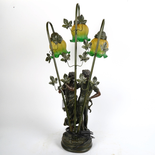 353 - A large Art Nouveau style patinated resin figural table lamp, with mottled ombre frilled glass shade... 