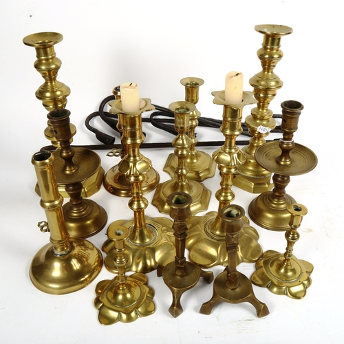 354 - Various Antique brass candlesticks, largest height 27cm