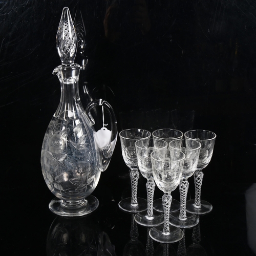 358 - An etched glass Sherry drinking set for 6 people, comprising decanter with stopper, and 6 glasses wi... 