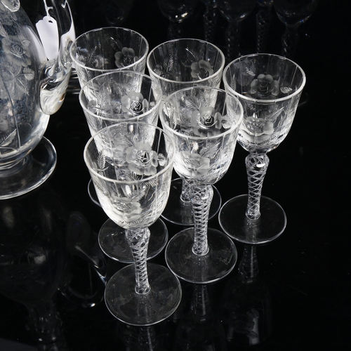 358 - An etched glass Sherry drinking set for 6 people, comprising decanter with stopper, and 6 glasses wi... 