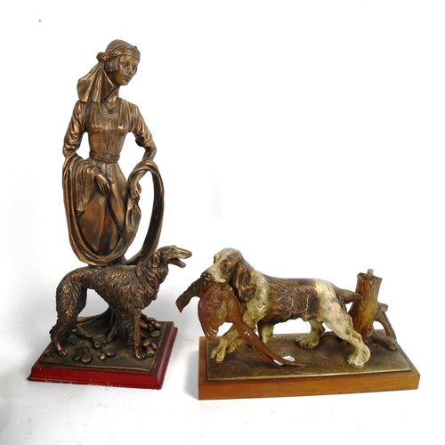 360 - Various sculptures, including J Rynhart bronze fisherman, and 2 desk lighter examples, largest heigh... 