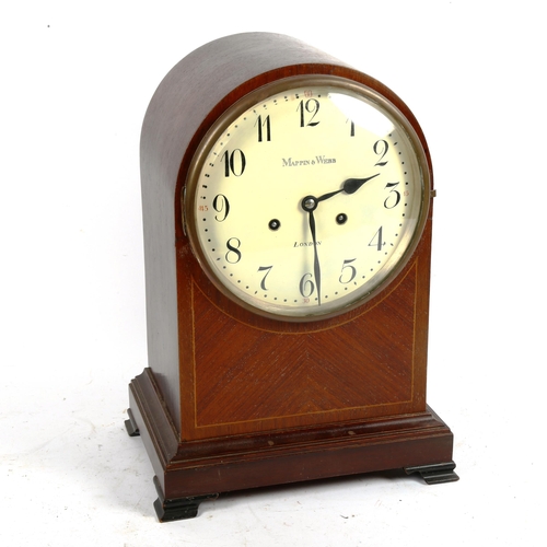 682 - A Mappin & Webb inlaid mahogany dome-top 8-day mantel clock, painted dial with Arabic numerals and m... 