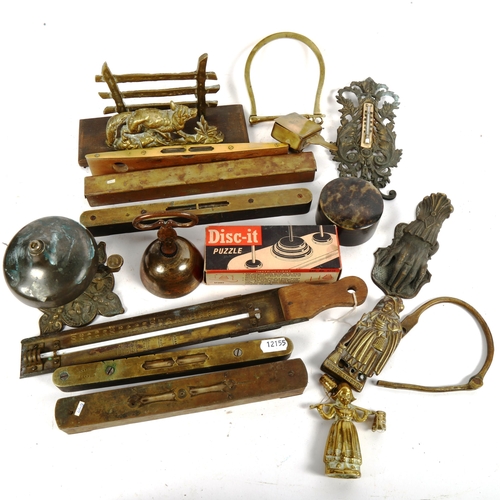 690 - Vintage spirit levels, thermometer, bells etc