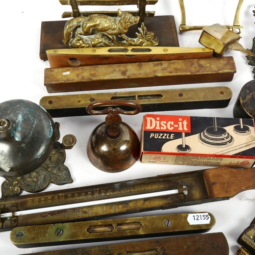 690 - Vintage spirit levels, thermometer, bells etc