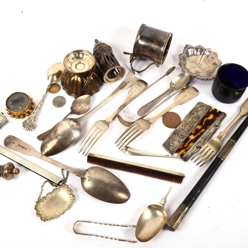 1011 - Various silver forks, spoons, mustard pot, leaf dish etc