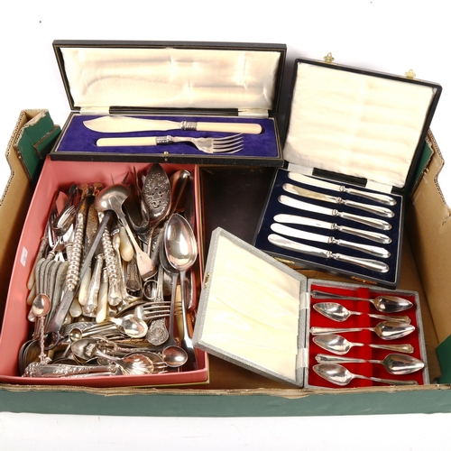 1015 - Various silver plated cutlery, cased fish service, butter knives etc