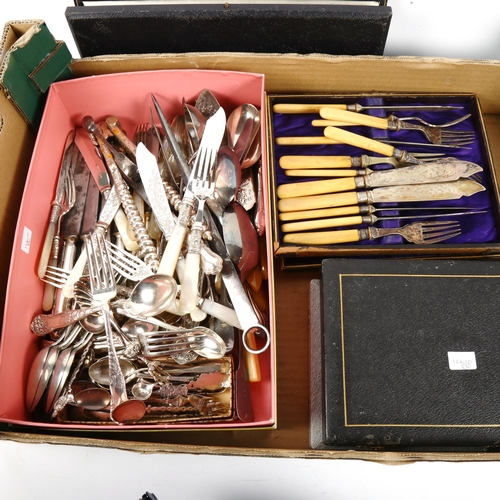 1015 - Various silver plated cutlery, cased fish service, butter knives etc