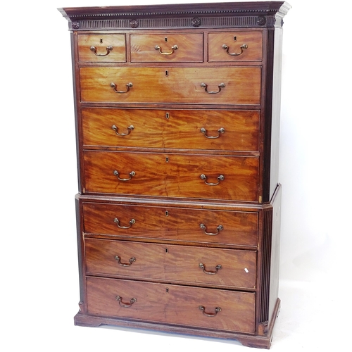 2005 - A Georgian mahogany 2-section chest on chest, with 3 short and 6 long drawers, on bracket feet, W105... 