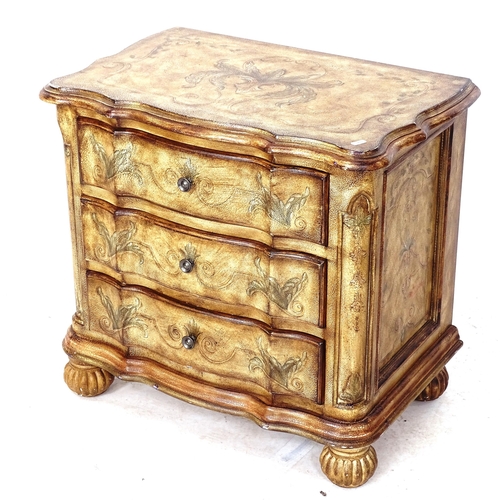 2038 - An American painted serpentine-front 3-drawer chest, on melon feet, W70cm, H64cm, D44cm