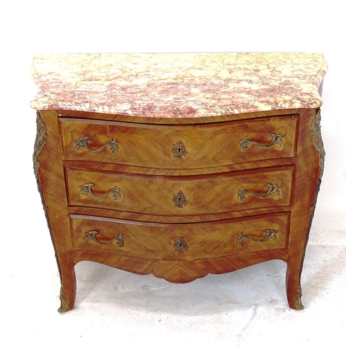 2051 - A Continental marble-top commode of serpentine form, with 3 long drawers and ormolu mounts, W104cm, ... 