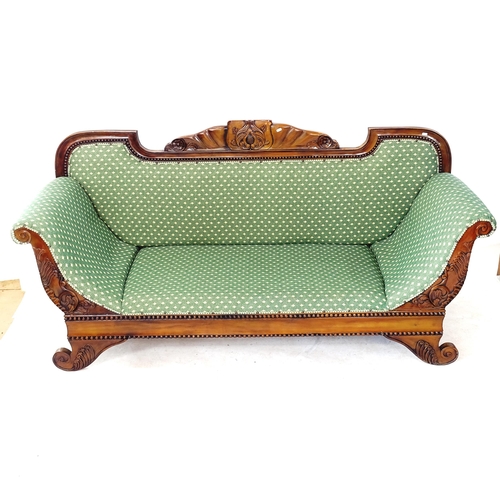 2055 - A reproduction Regency style salon settee, with applied and carved decoration on scrolled feet, L206... 