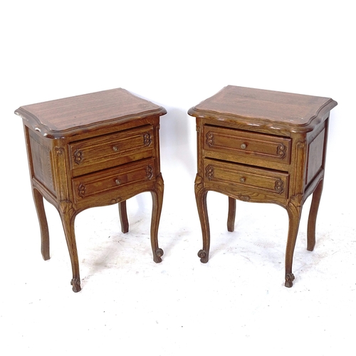 2064 - A pair of French oak bedside tables with 2 drawers, W47cm, H67cm, D35cm