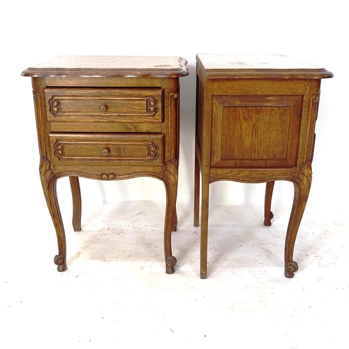 2064 - A pair of French oak bedside tables with 2 drawers, W47cm, H67cm, D35cm