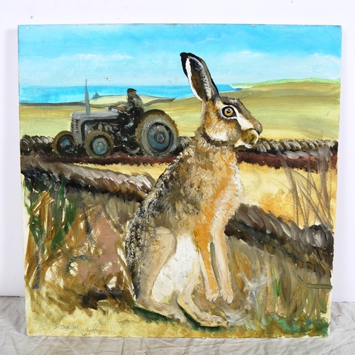 1410 - Clive Fredriksson, oil on canvas, Sussex hare, 60cm x 60cm, unframed