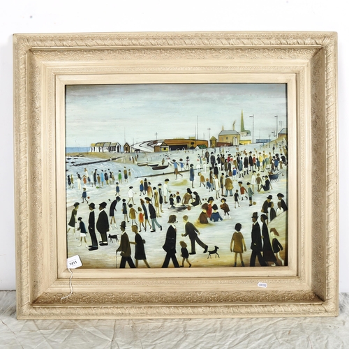 1411 - After L S Lowry, contemporary oil on canvas, beach scene, framed, overall 76cm x 86cm