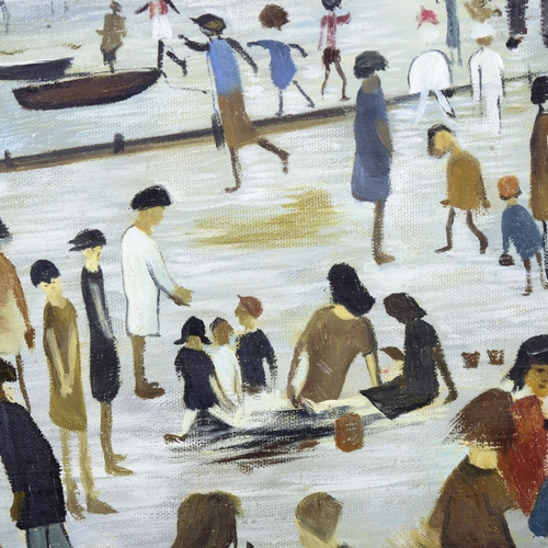 1411 - After L S Lowry, contemporary oil on canvas, beach scene, framed, overall 76cm x 86cm