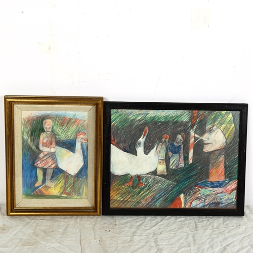 1412 - Mana Lagereholm (1946 - 2001), 2 crayon drawings, modernist figures, signed, largest 27cm x 34cm, fr... 