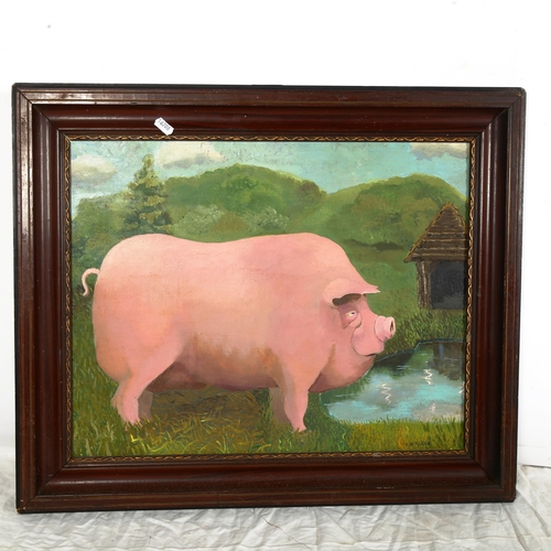 1421 - Carol Maddison, oil on board, pig in the farmyard, framed, overall 52cm x 62cm