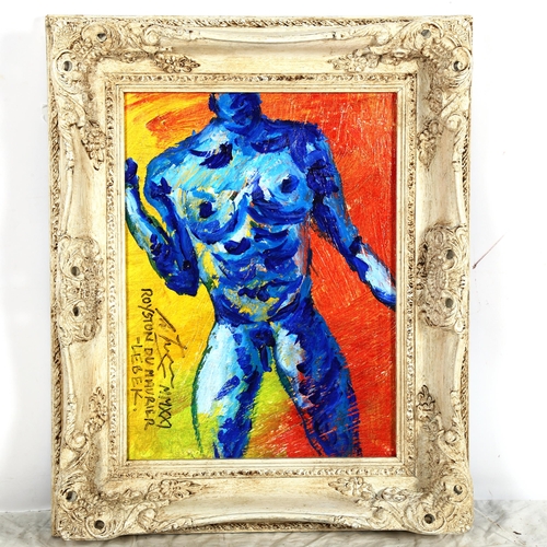 1425 - Royston Du Maurier-Lebek, acrylic on board, nude, framed, overall 54cm x 43cm