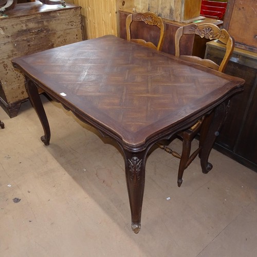 2062 - A French stained oak parquetry-top draw leaf dining table, L130cm extending to 220cm, H76cm, D90cm