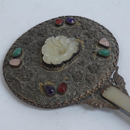 137 - A Chinese silver jade and hardstone dressing table hand mirror, with engraved and relief embossed bl... 