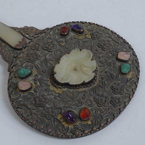 137 - A Chinese silver jade and hardstone dressing table hand mirror, with engraved and relief embossed bl... 