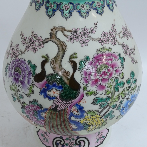 336 - A large Chinese famille rose baluster vase, peacock and chrysanthemum decoration, 6 character mark o... 