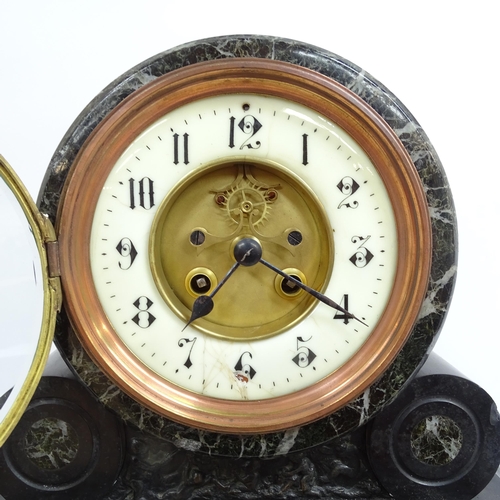 346 - A large early 20th century black slate and marble architectural 8-day mantel clock, with drum moveme... 