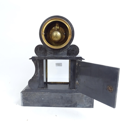 346 - A large early 20th century black slate and marble architectural 8-day mantel clock, with drum moveme... 