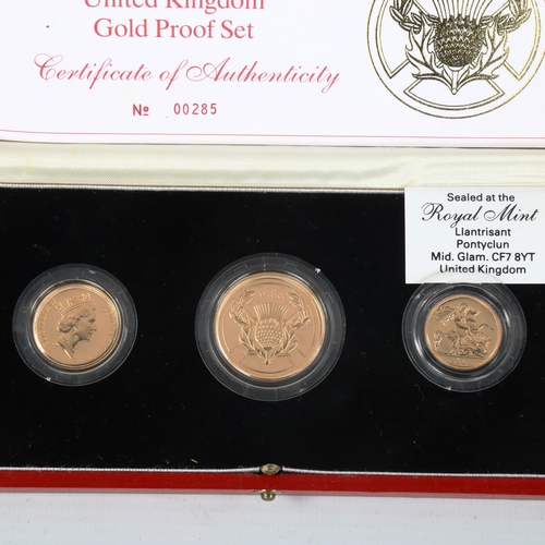 104 - Royal Mint 1986 United Kingdom gold proof three coin collection, comprising two pound, sovereign and... 