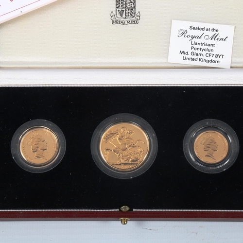 105 - Royal Mint 1987 United Kingdom gold proof three coin collection, comprising two pound, sovereign and... 