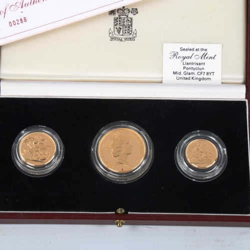 105 - Royal Mint 1987 United Kingdom gold proof three coin collection, comprising two pound, sovereign and... 