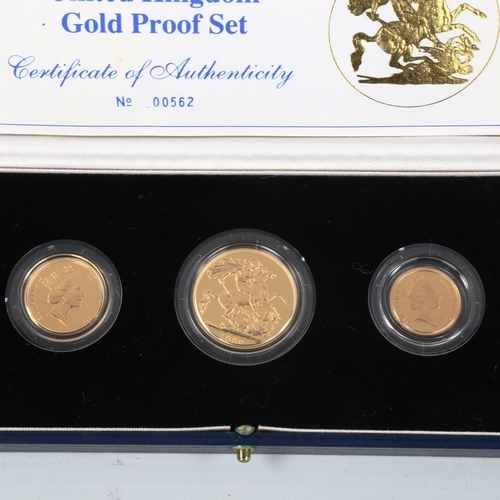 106 - Royal Mint 1988 United Kingdom gold proof three coin collection, comprising two pound, sovereign and... 