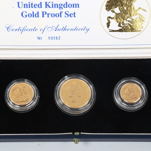 106 - Royal Mint 1988 United Kingdom gold proof three coin collection, comprising two pound, sovereign and... 