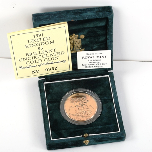 117 - Royal Mint 1991 United Kingdom five pounds brilliant uncirculated gold coin, limited edition no. 852... 