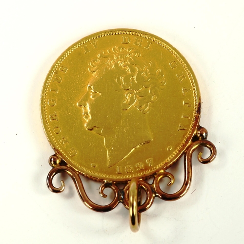 130 - A George IV 1827 gold full sovereign coin, on unmarked gold pendant mount, 8.5g